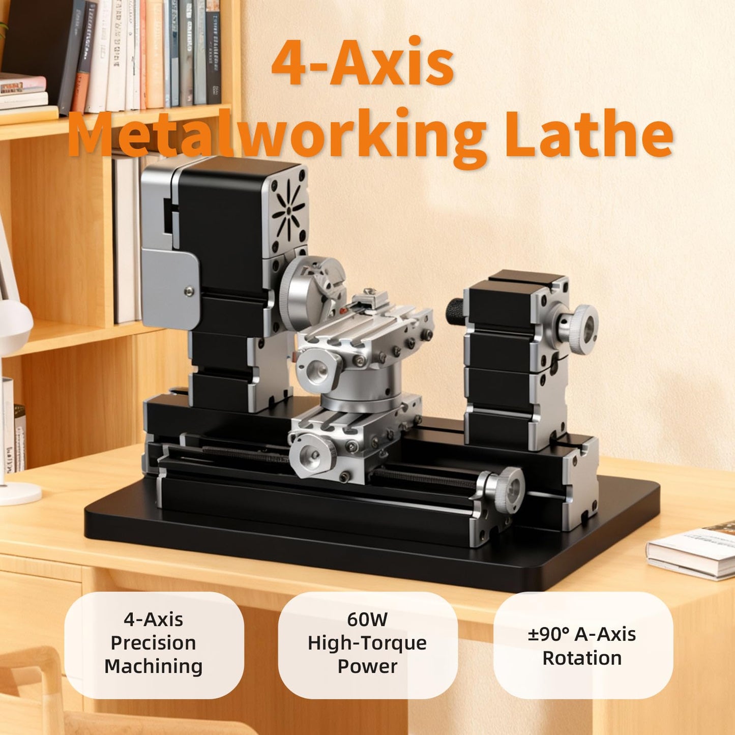 AcmeFlare 4-Axis All-Metal Micro Lathe, High-Power 60W Mini Lathe for Metalworking (Gold, Silver, Aluminum, Copper), Wood & Plastic, with Safety Guard & Quick Indexer