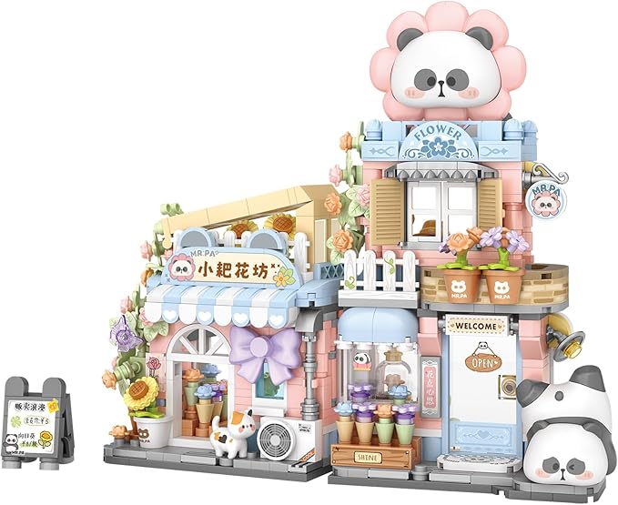 Mini City Shop Street View Building Blocks Model SetSimulation Panda Architecture Collection Particle Construction Building Bricks ToyHome Decor (Flower Shop)