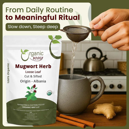 Organic Way Mugwort Herb Loose Leaf Cut & Sifted (Artemisia Vulgaris) Herbal Tea | Kosher & USDA Certified | Vegan, Non-GMO & Gluten Free | Raw from Albania (16 Ounce (pack of 1))