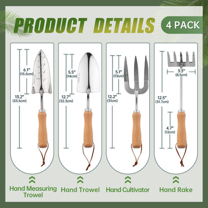 Heavy Duty Garden Tool Set, Stainless Steel Graduated Shovel, Hand Fork, Hand Rake, Transplant Shovel with Scale, 4Pcs Heavy Duty Hand Tools Set for Garden Planting (Garden Hand Tool Set)