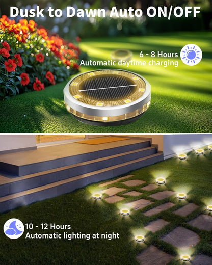 Solar Ground Lights Outdoor 12 Pack Waterproof, Upgraded Solar Garden Lights with 4 Side Light, Stainless Steel Solar Powered Disc Landscape Light for Walkway Pathway Lawn Yard Patio Deck-Warm White