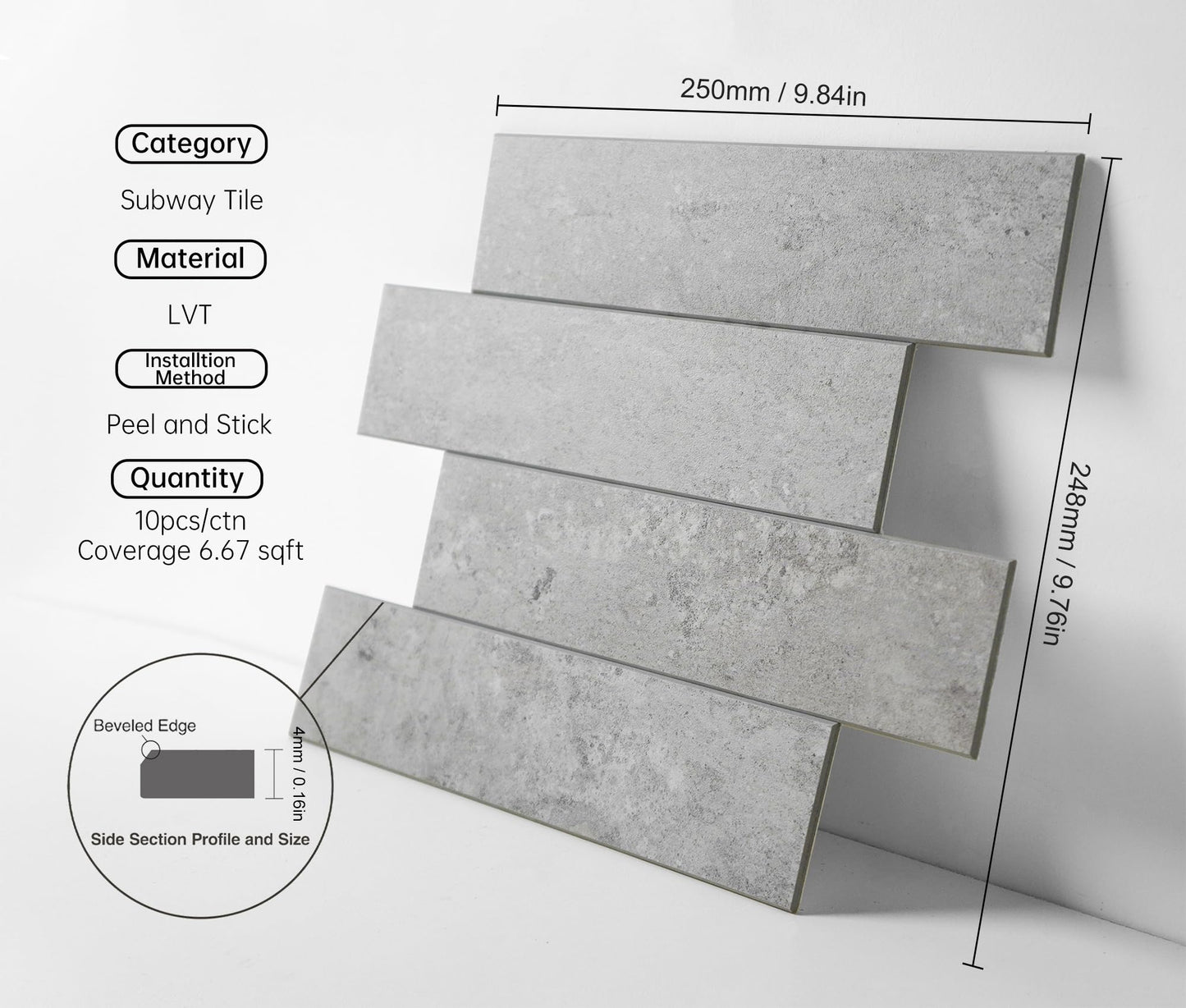 Colamo 10pcs Peel and Stick Backsplash Tiles, Thicker Self Adhesive Subway Tiles, Faux Stone Matt Tile fo Kitchen Backsplash, Stick on Accent Wall for Living Room, RV, Bedroom, Fireplace, Light Gray
