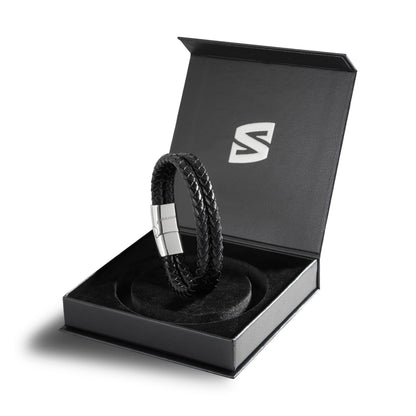 SERASAR 8″ Silver Leather Bracelets for Men Mens Armlet Cowhide Gift Box Braided Circlet Stainless Steel Jewelry Wrist Band Cuff Wrap Rope Bangle Dad Pulseras para Hombres Cuero Regalo
