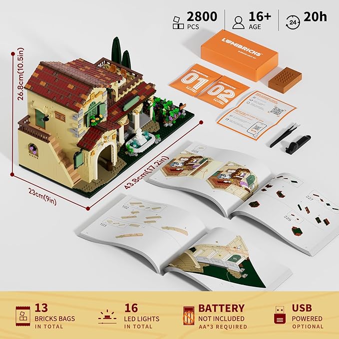 Farm Vineyard-Estate Lighting Building-Bricks-Set - 2800 Pcs Winery Chateau House Collection LED Light Wine Cottage Model Display Set for Adults and Farm Series Building Collectors