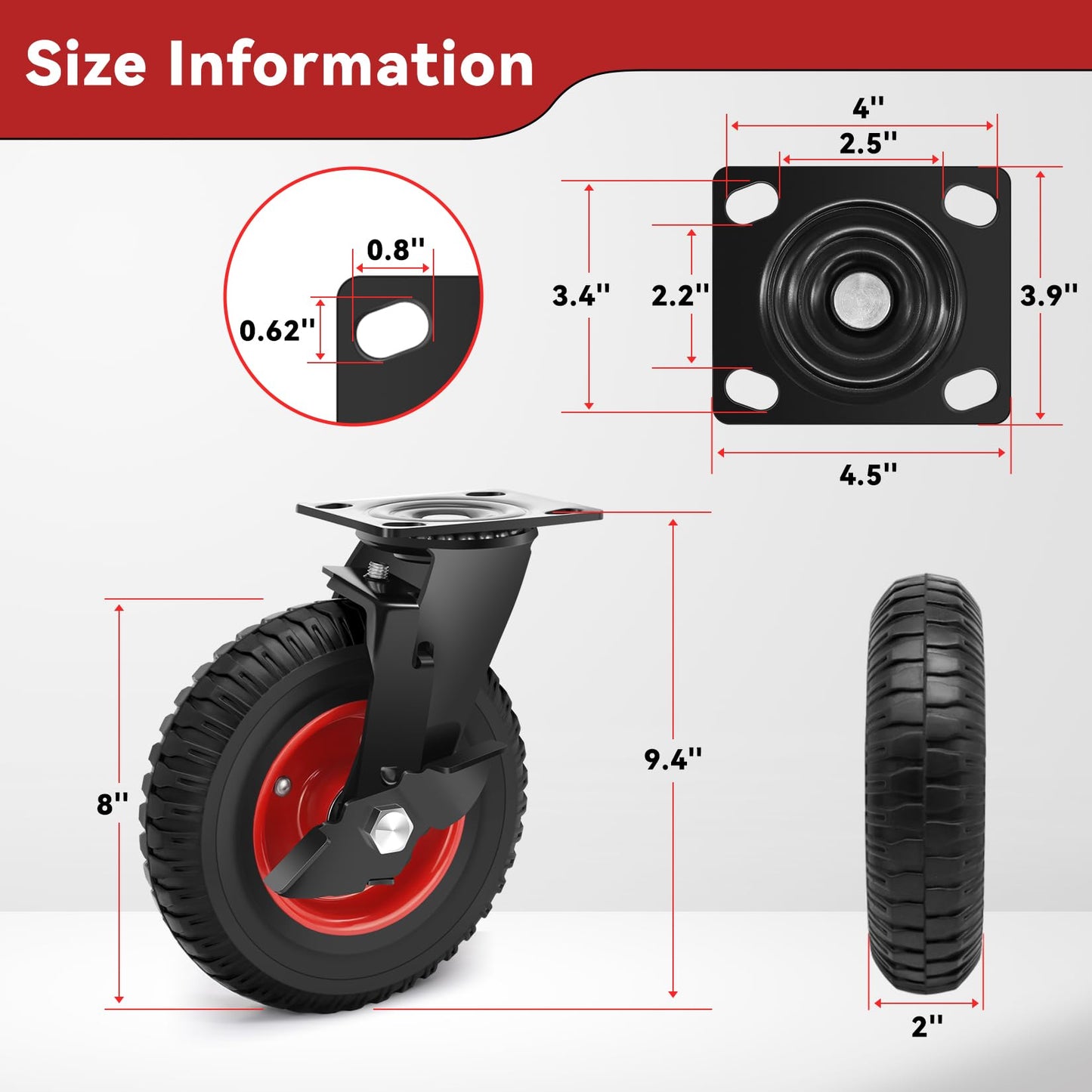 Nefish 8 Inch Heavy Duty Outdoor Casters 2200 LBS, Durable Large Casters Wheels Set of 4, Industrial Grade Rubber Castors with Knobby Tread for Trolley, Industrial and Chicken Coop (2 Brake & 2 Rigid)