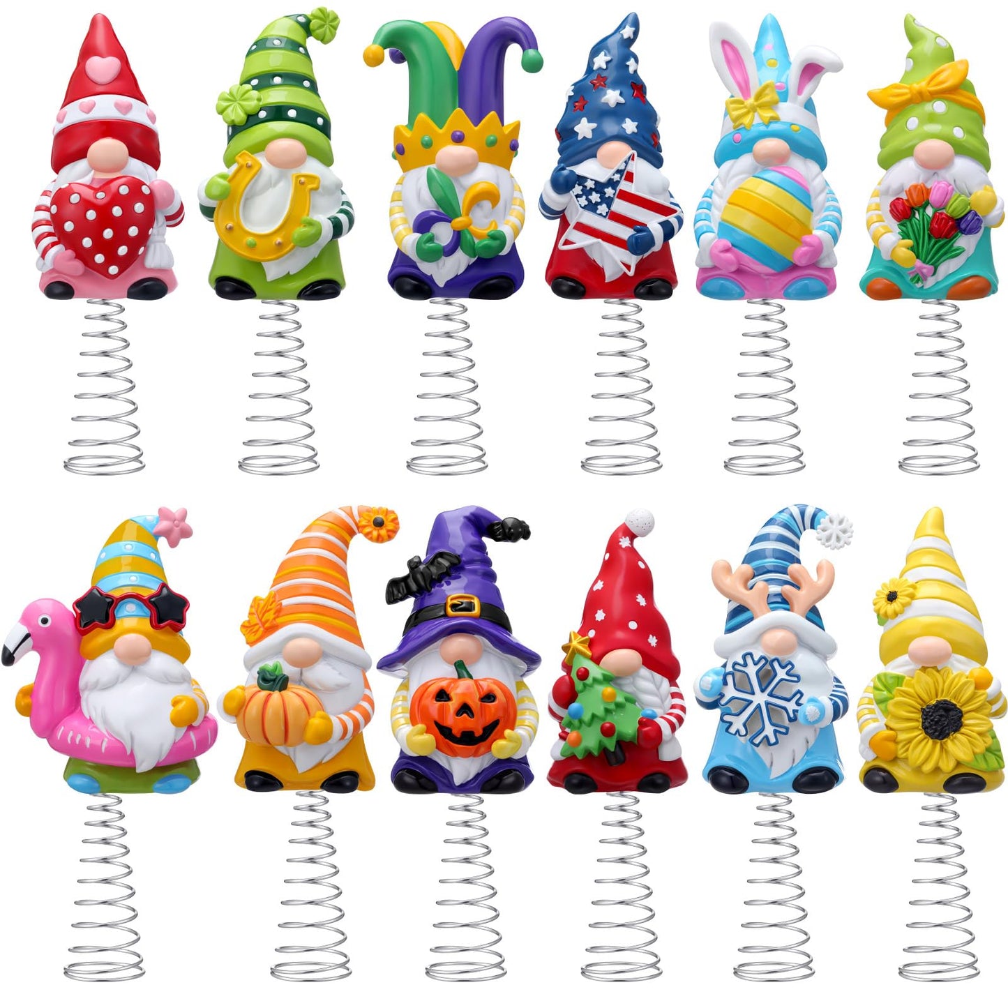Gejoy 12 Pcs Mini Interchangeable Gnome Tree Topper, Valentine's Day Seasonal Resin Gnome Ornaments 5.1'' Miniature Christmas Tree Toppers for Year Round Gift, Office Home Decor, 1 Spring