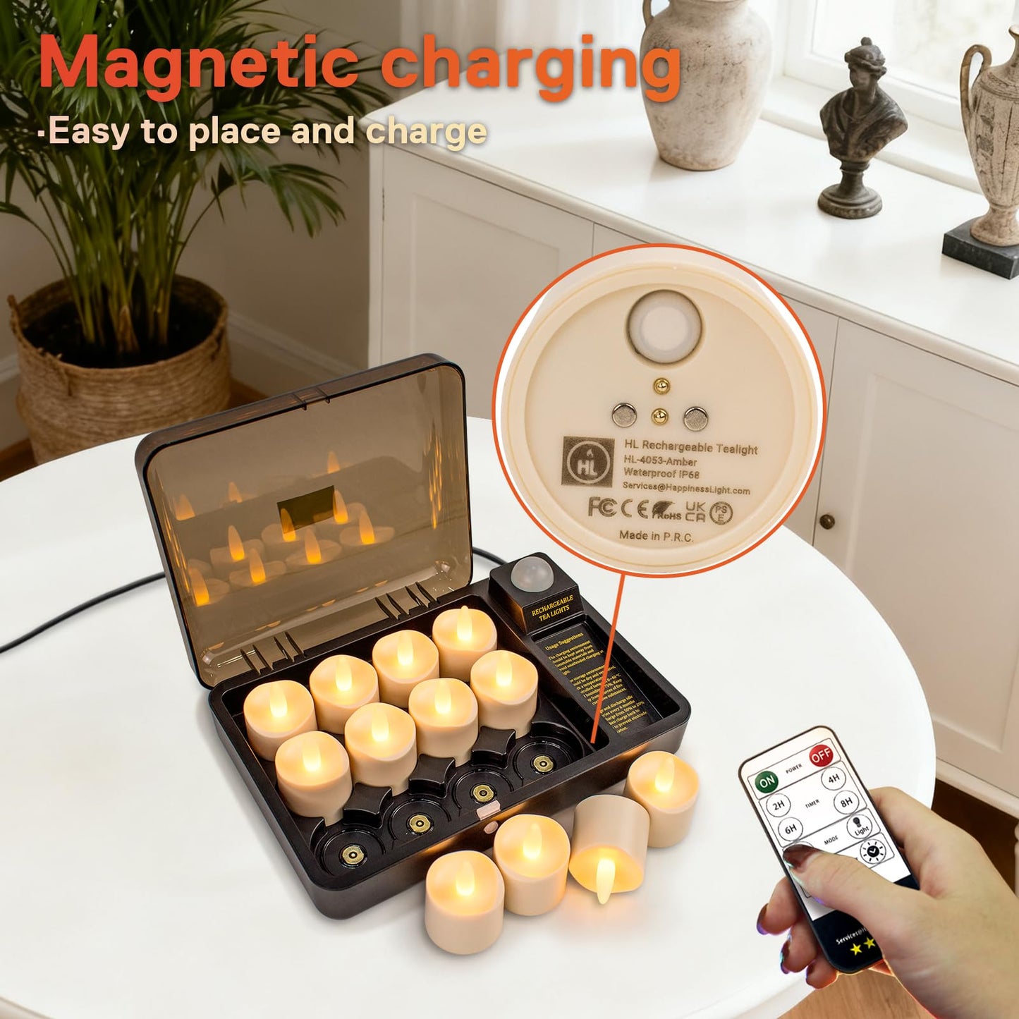 HL Rechargeable Waterproof LED Tea Lights with Remote & Timer, 100H Flameless Votive Candles for Indoor/Outdoor, Flickering Décor for Weddings, Parties, Halloween & Christmas.