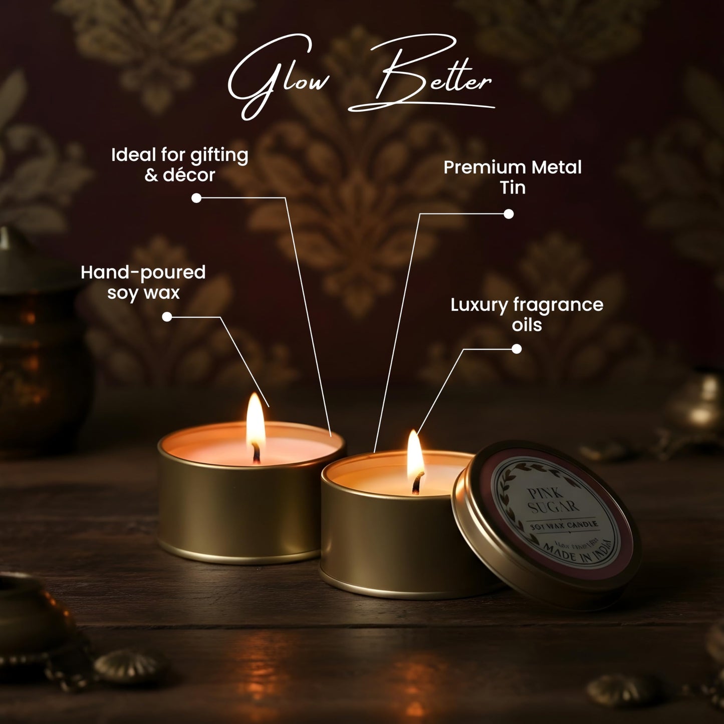 Adisesh Decor Soy Wax Scented Candles - Pink Sugar & Sea Grass (Set of 2) | Metal Tin Scented Candles for Home Decoration, Burn Time 14-15 Hrs Each, Luxury Fragrance Candles for Gifting