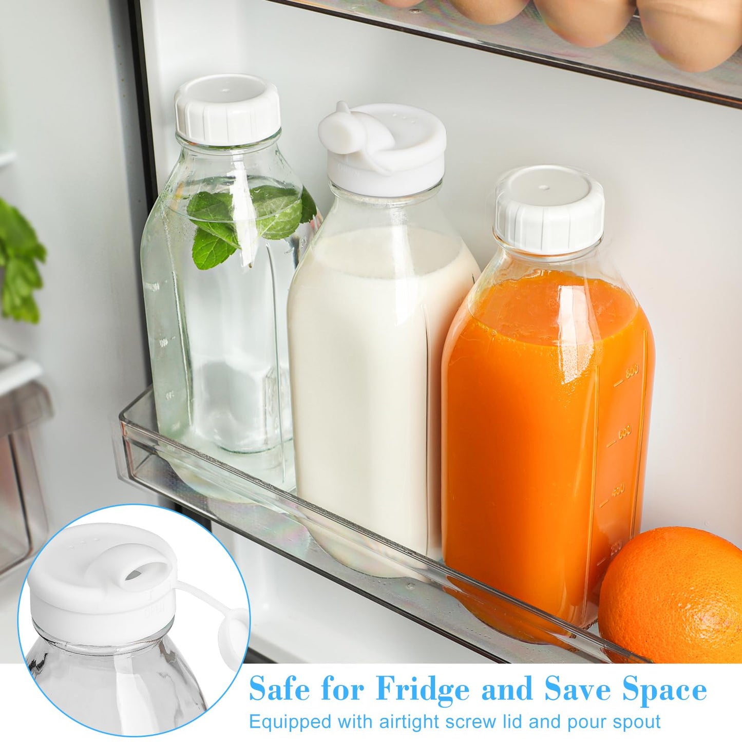 4 Pack 1 Liter Glass Milk Bottles w Scale, 100% Airtight Heavy Duty Screw Lid - 32 Oz Drinking Jars w 2 Pour Spouts - Glass Bottles for Milk, Honey, Jam, Creamer - Dishwasher Safe(Extra 2 Lids)