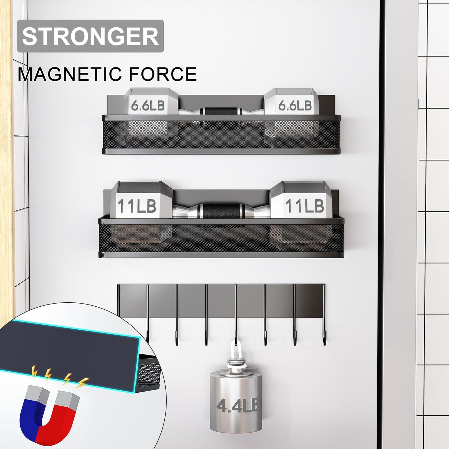 Magnetic Spice Rack for Refrigerator, 4 Pack Magnetic Shelf, Fridge Magnet Organizer with Moveable 8 Hooks, Magnetic Fridge Shelf for Kitchen Organization and Storage (4 Pack)