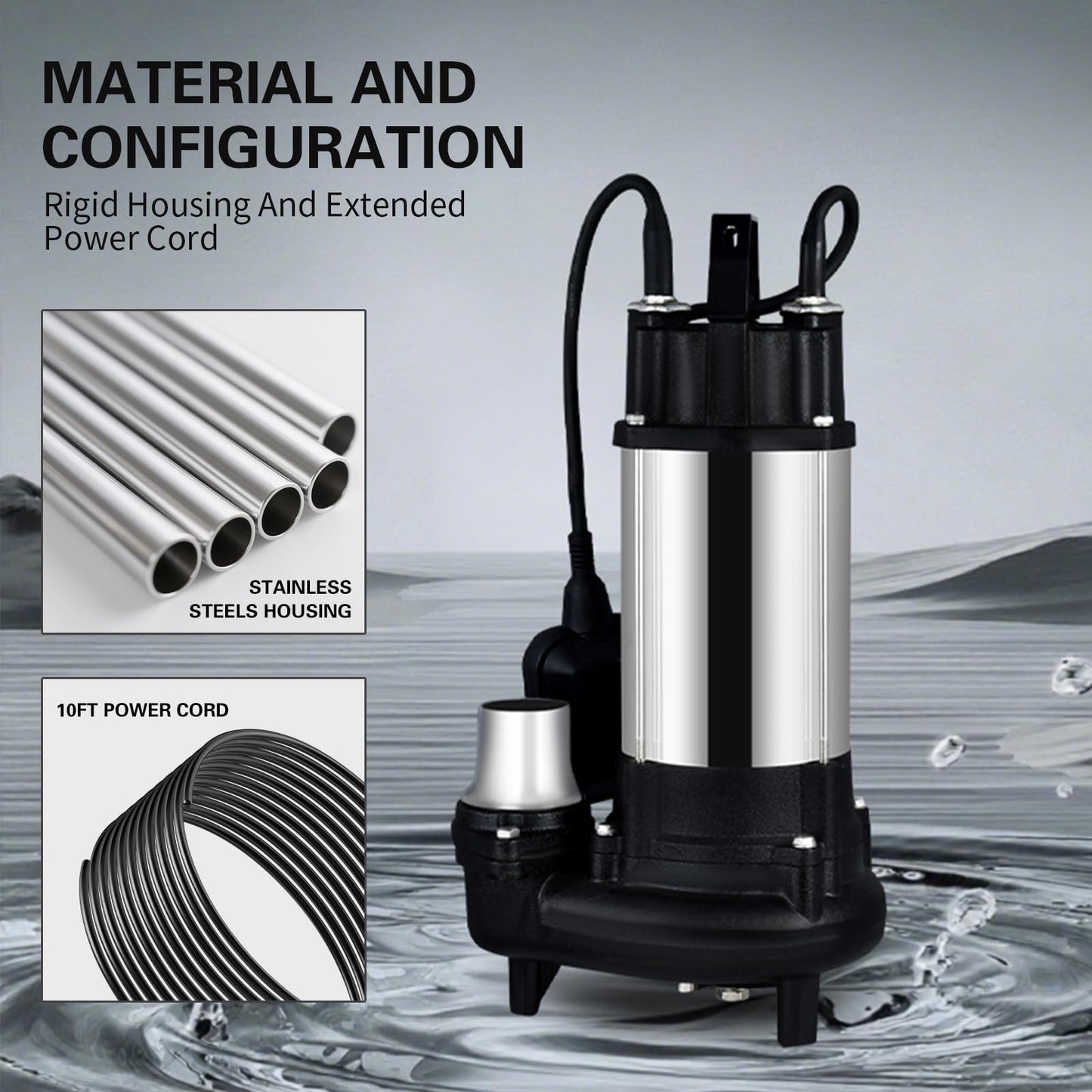 Heavy Duty Submersible Effluent Pump, Stainless Steel Housing, 10ft Power Cord, Non-Clogging Centrifugal Impeller, for Sump and Light Applications
