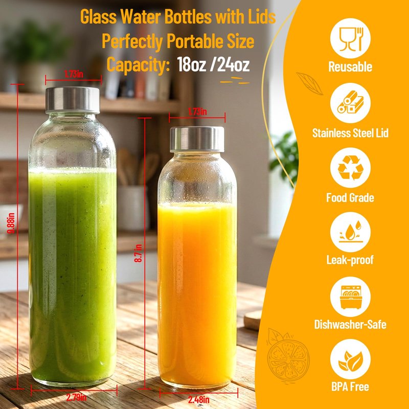 Luxfuel Clear Glass Bottles with Lids 18 oz, Reusable Glass Water Bottles with Stainless Steel Cap for Juicing,Refrigerator,100% Leak Proof, BPA Free, Juice Water Bottle Set of 12