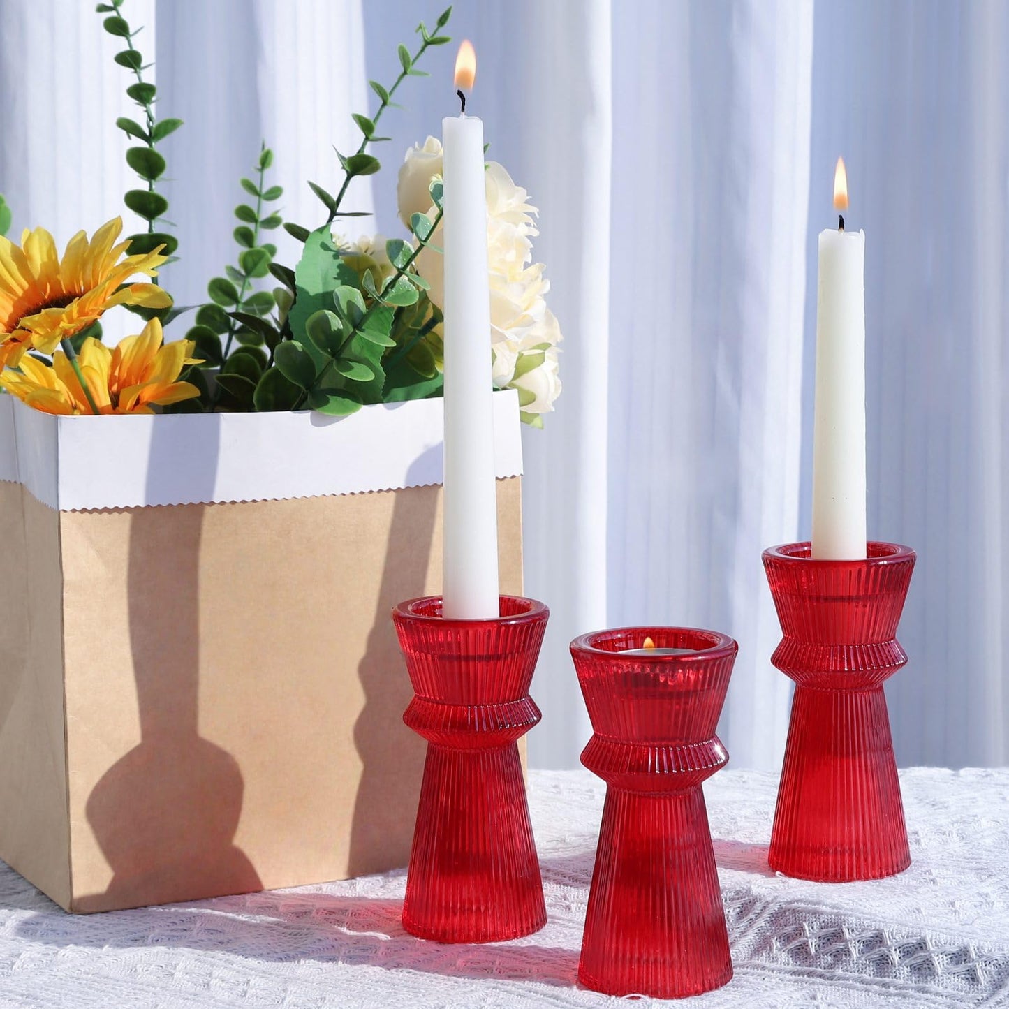 VOHO Red Candlesticks Holders for Christmas Decorations, Set of 3 Ribbed Glass Candle Holder Versatile for Taper & Tea Lights Candles, Romantic Red Taper Candle Holders for Valentines Day Anniversary