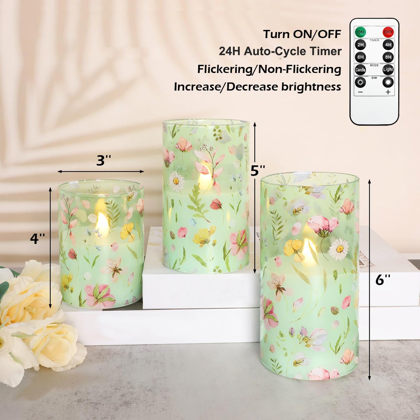 Impress Life Spring Decor Flameless Candles with Remote, 3PC Battery Operated Real Wax LED Candle, Pink Floral Decals with Flickering 3D Wick for Home Centerpiece