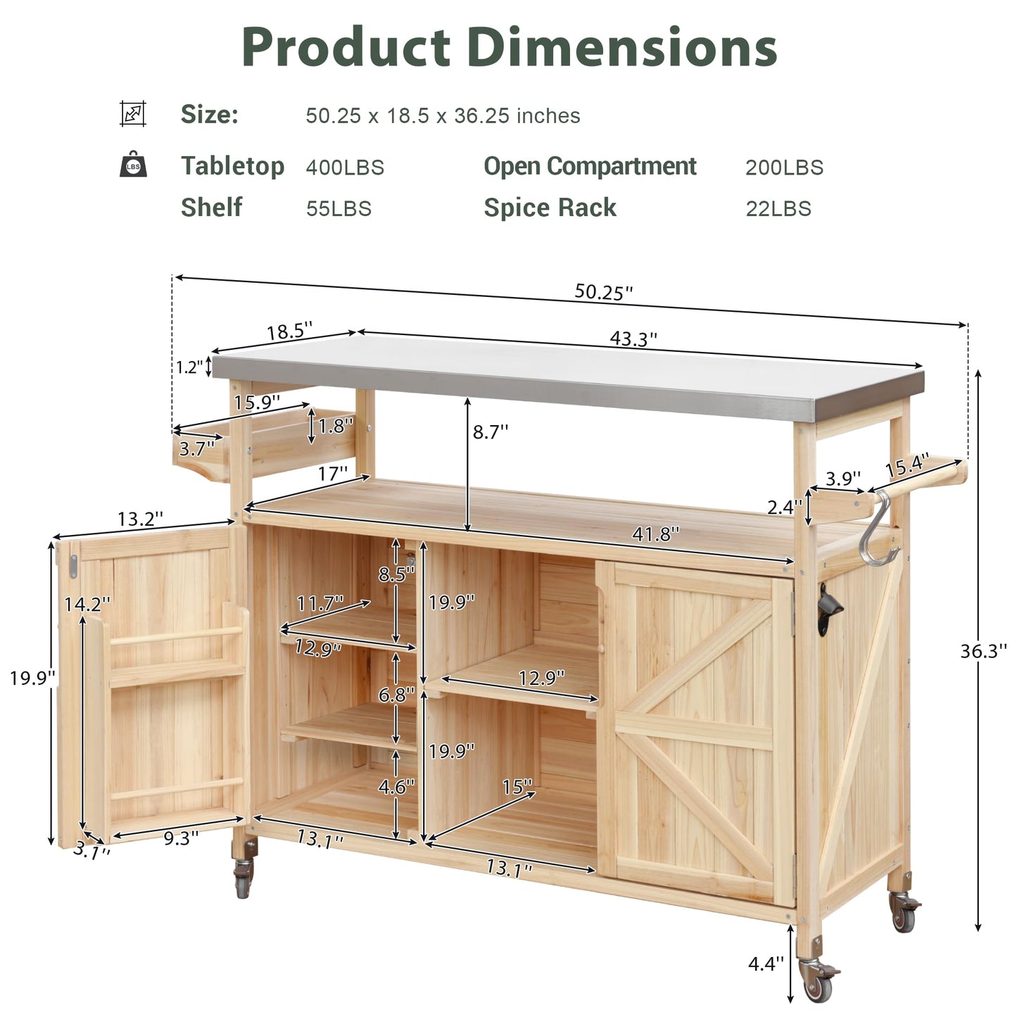 ABBSR Outdoor Grill Cart with Stainless Steel Top, BBQ Grill Prep Table with Cabinet, Wood Rollling Outside Kithen Island with Storage for Outdoor Cooking Garden Patio Backyard Parties(Natural)