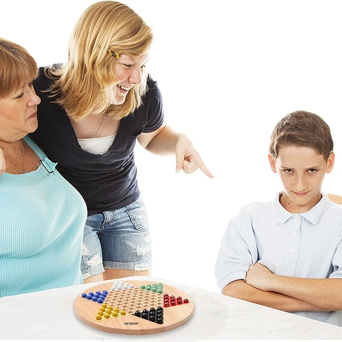 GSE Games &amp Sports Expert 15 Jumbo Oak Wood Chinese Checkers Board Game Set with Colorful Glass Marbles Classic Strategy Family Board Game for Adults