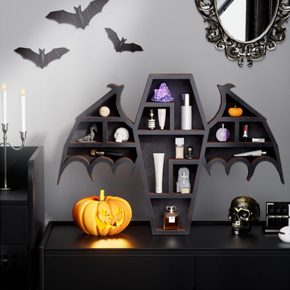 Qmetalart Coffin Shelf with Bat Wings, Wooden Gothic Decor for Display or Storage Rocks Mini Figures, Wall Hanging & Tabletop Crystal Display Shelf Gothic Home Decor
