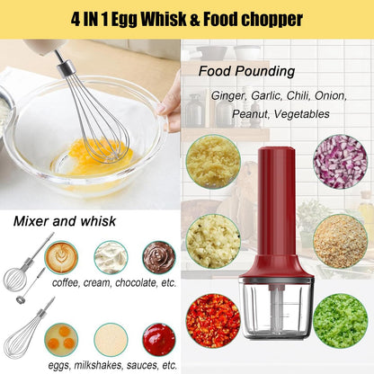 4-in-1 Electric Hand Mixer, Electric Whisk, Mini Onion Chopper 10Oz, Small Cordless Hand Blender, Milk Frother Wand for Coffee, Matcha, 4 Speed Rechargeable Food Processor for Baby Food Maker