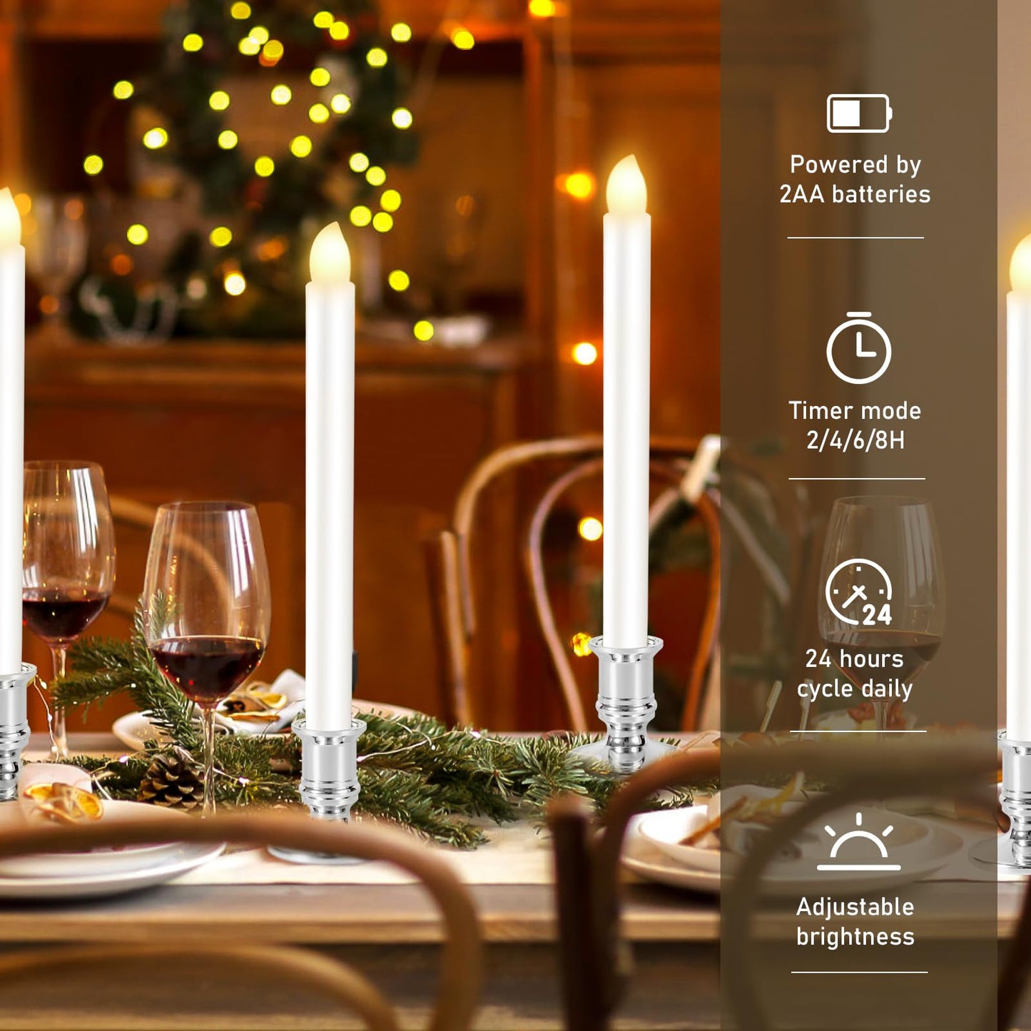 Qmioti 8 Pack Christmas Window Candles, Battery Operated Window Candles with Timer Remote, LED Window Candle with Candle Holders Suction Cups for Christmas Decorations, Silver