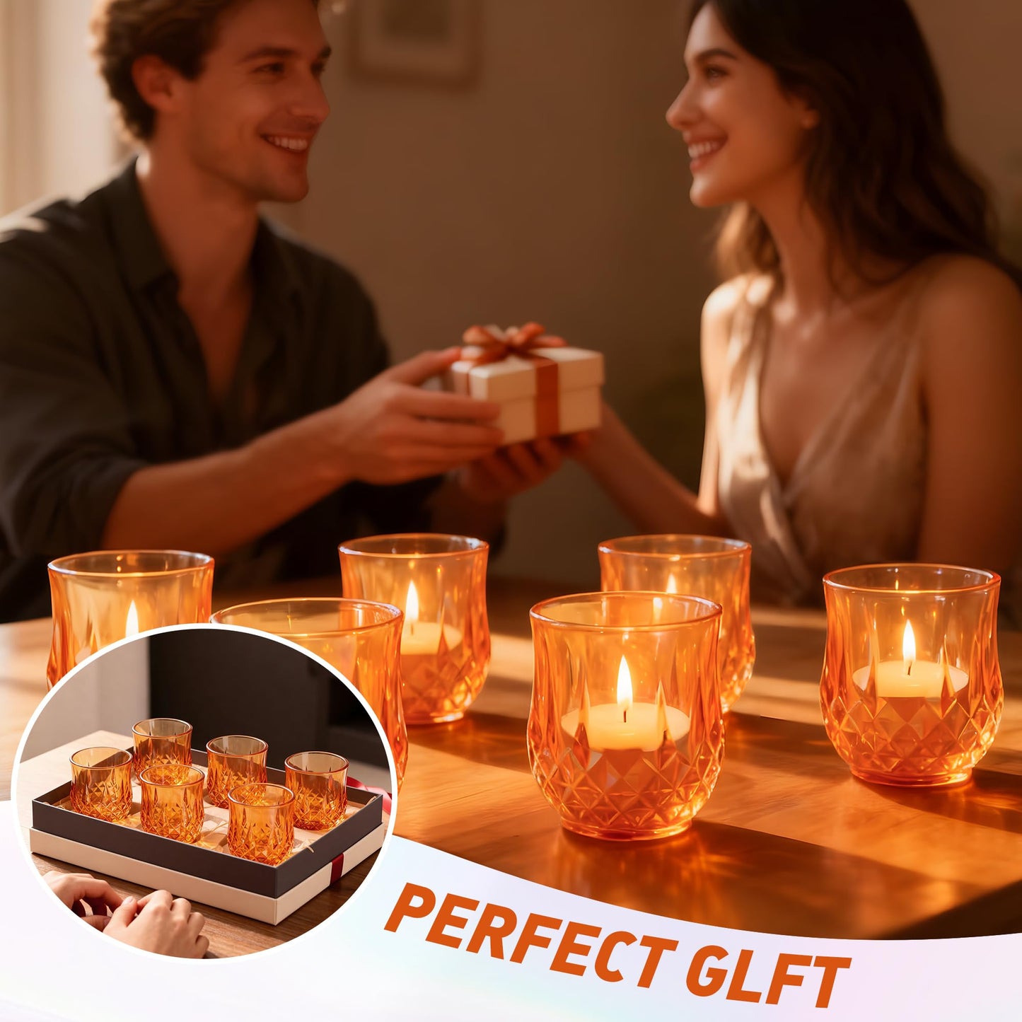 12 Pcs Votive Candle Holders, Amber Glass Tea Lights Candle Holder in Bulk for Table Centerpiece, Tealight Candle Holders for Wedding, Party, Home, Bridal Shower, Birthday