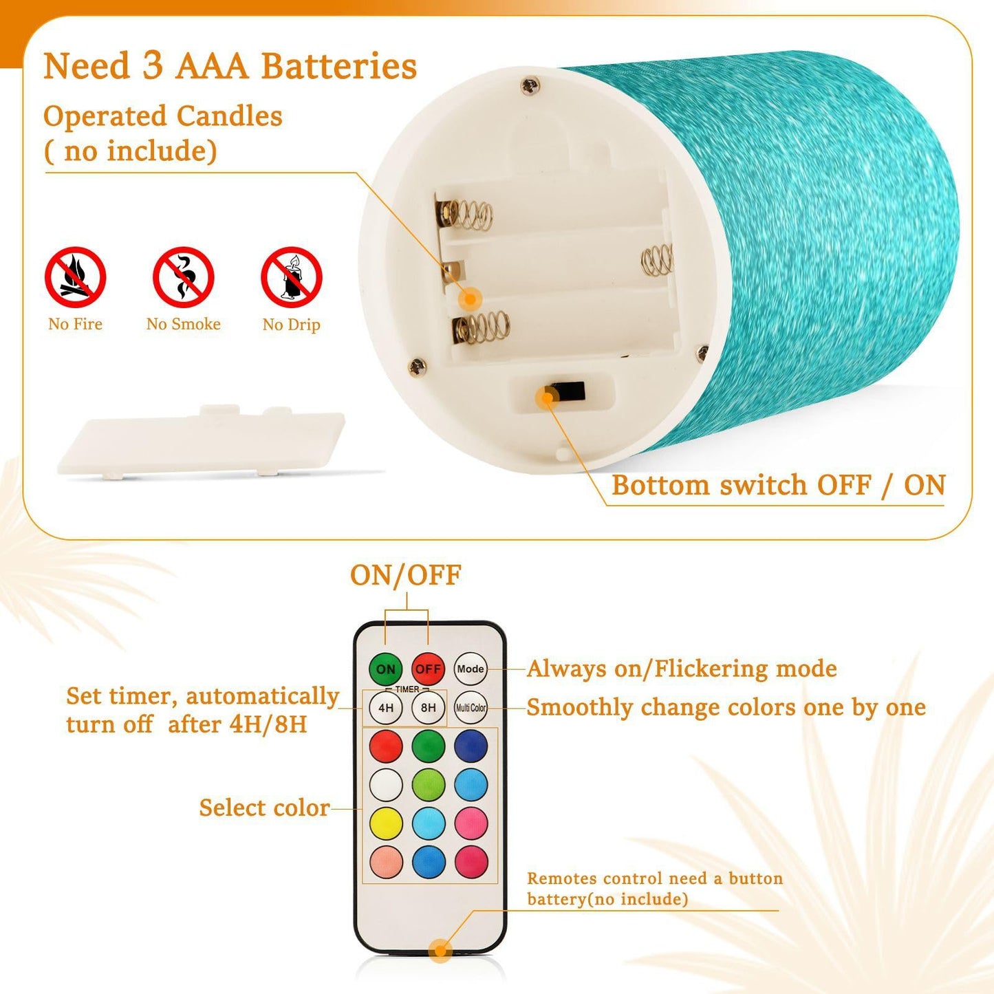 Flameless Candles Battery Operated Teal Turquoise Glitter Flickering Led Pillar Candles With Remote Control Blue Texture Print Colour Changing Warm Light Candles For Wedding Halloween Christmas