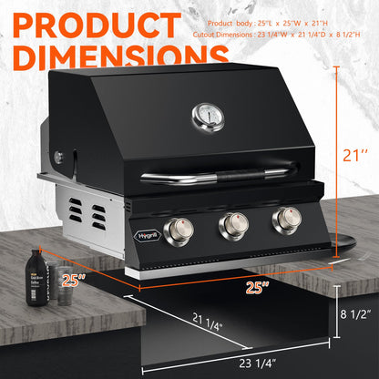 Hygrill STD Series Heavy Duty 3-Burner Built In Grill for Natural Gas, Stainless Steel Outdoor Kitchen Grill Head, Black