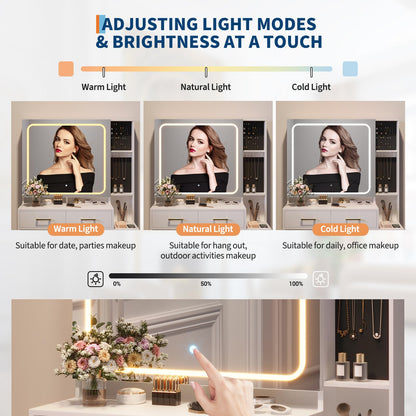 GarveeHome Makeup Vanity Set with Mirror and Lights, Vanity Desk with 5 Drawers, Stool & Power Outlet, 3-Color Lighting Modes with Adjustable Brightness for Bedroom Dressing Table, White