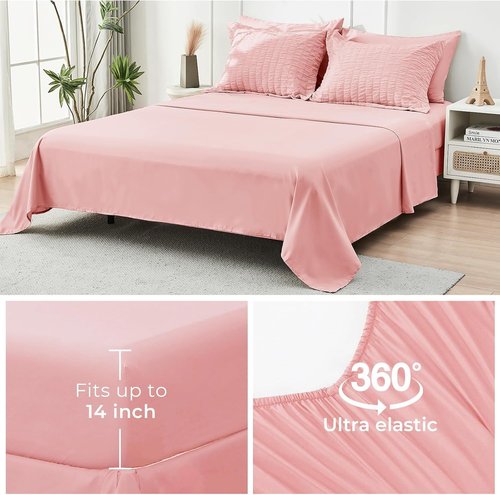 HYMOKEGE King Size Comforter Set - Luxury Rose Pink Seersucker 7-Piece Bedding Set with Sheets & Pillowcases