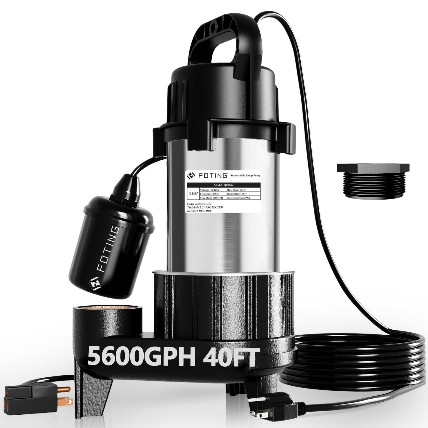 FOTING Sump Pump Submersible Sewage/Effluent Pump - Heavy Duty Cast Iron - 115V Septic Pump for Sump Basin/Residential/Sewage/Basement, 1HP 5600 GPH Sewage Pumps 2'' NPT,Black