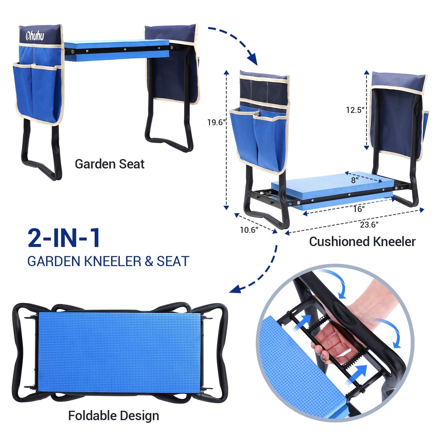 Ohuhu Garden Stool Garden Kneeler and Seat, Foldable Gardening Bench Heavy Duty with Thicker Wider Kneeling Pad 2 Large Tool Pouches Gifts for Fathers Day Men Gardener Parents Elders Friends