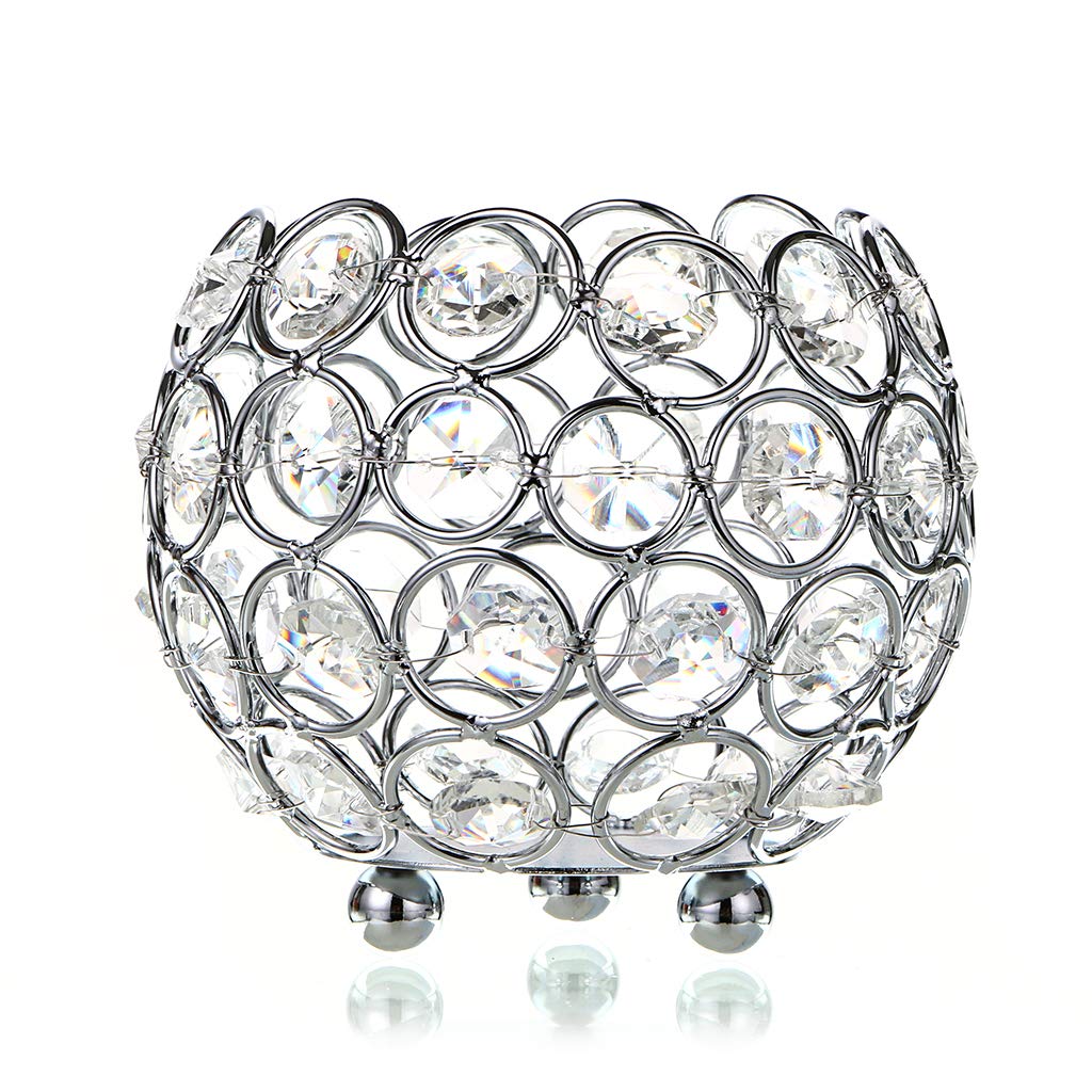 OwnMy 10cm Crystal Bowl Votive Candleholder Sparkly Tea Light Candle Holders Candle Lanterns Decorative Candelabra Vase for Christmas New Year Wedding Table Centerpieces (Silver Tone)
