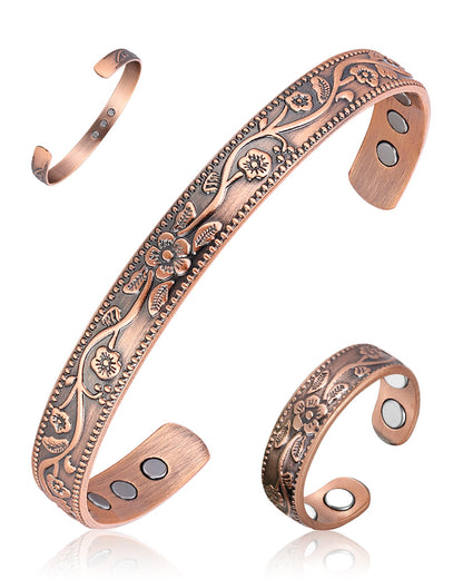 BioMag Magnetic Copper Bracelet & Lymphatic Drainage Ring for Women, 99.99% Pure Copper Magnetic Cuff Bangle with 11 Pcs 3500 Gauss Magnets, Adjustable Size, Floral Vine Pattern