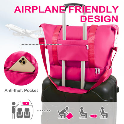 WOOMADA Weekender Bag for Women, Travel Duffel with Shoe Compartment & Wet Pocket, Personal Item & Overnight Bag for Airlines, Sport Gym Tote (Hot Pink)