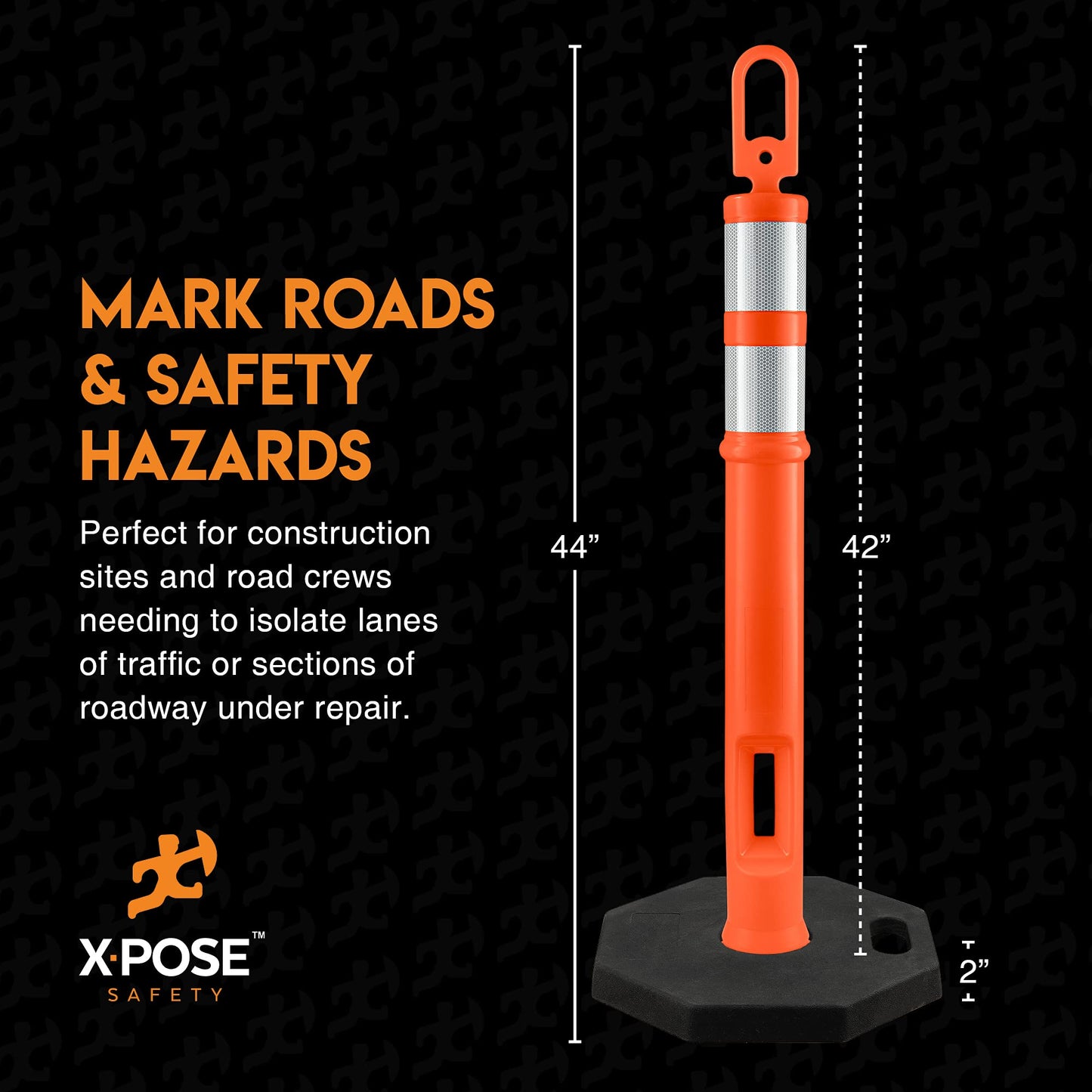 Xpose Safety 45" Orange Delineator Posts with Base, 3-Pack – Ring Top, 10" Reflective Band, 13 lb Rubber Base – Traffic, Parking, Construction, Events
