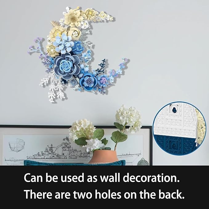 Moon Flowers Building Blocks Set Botanical Collection Blossom for Wall Decor Creative Floral Building Kit Flower Bouquet Botanical Collection for Home Décor Gift for Adults Teens 934 PCS (Blue)