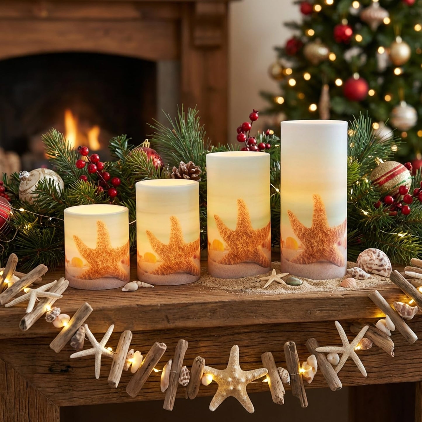 Aulaygo 4PCS Summer Starfish Flameless Candles with Timer Remote Control,LED Pillar Candles Set Battery Operated for Wedding Beach Party Holiday Home Decor