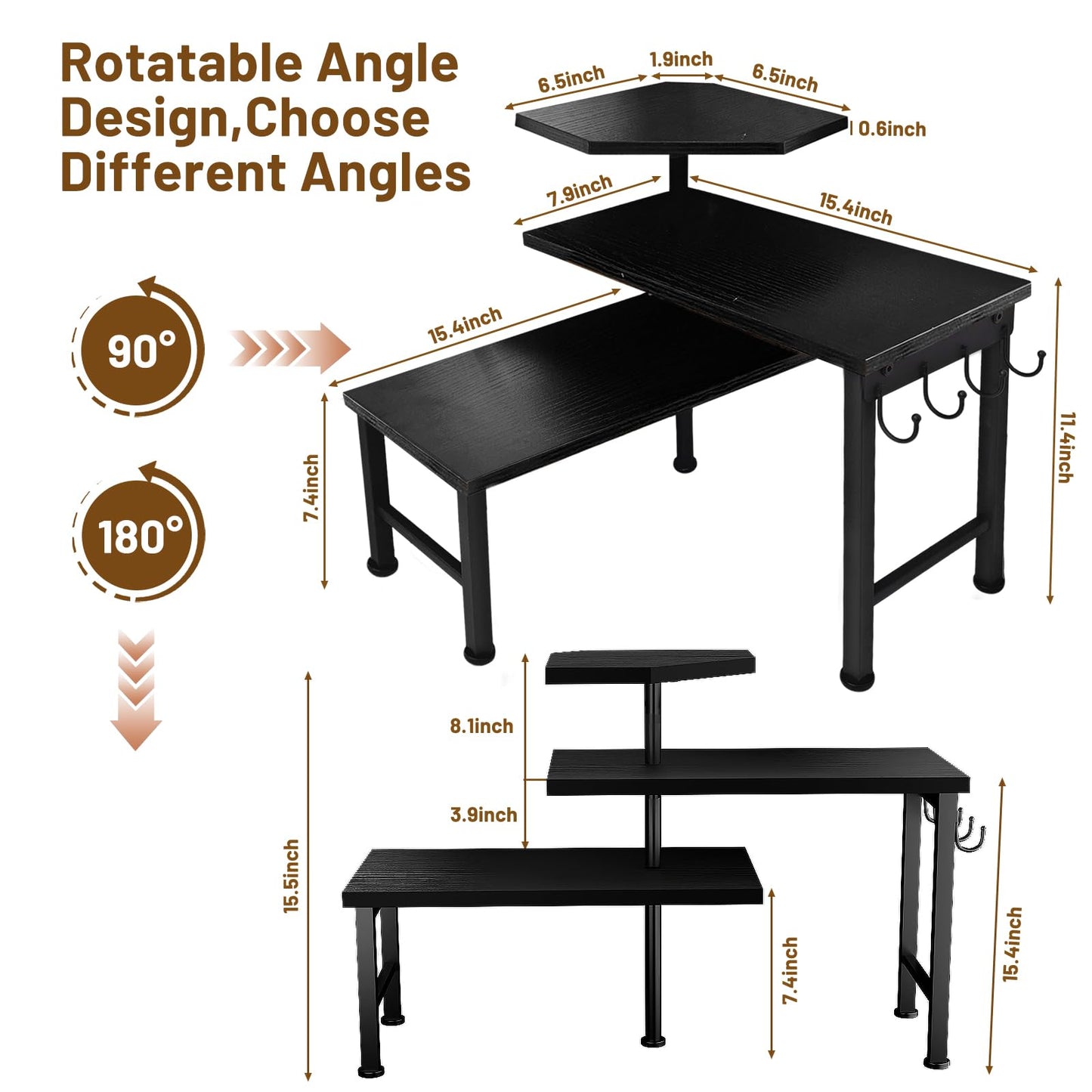 Kitchen Countertop Organizer, 3 Tier Moveable Corner Shelf Kitchen Shelf with Hook, Countertop Organizer for Bathroom, Spice Rack, Bookshelf, Coffee Area, Dresser Table (Brown)