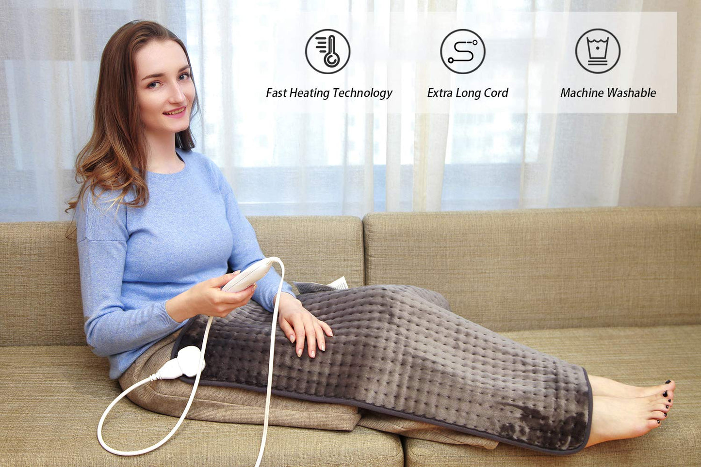 Ruqiji 17''x33'' XXXL King Size Heating Pad with 120 Minutes Auto Shut Off&6 Temperature Settings, Flannel Electric Heating Pad/Pain Relief for Back/Neck/Shoulders/Menstrual Pain/Leg Cramp (Dark Blue)