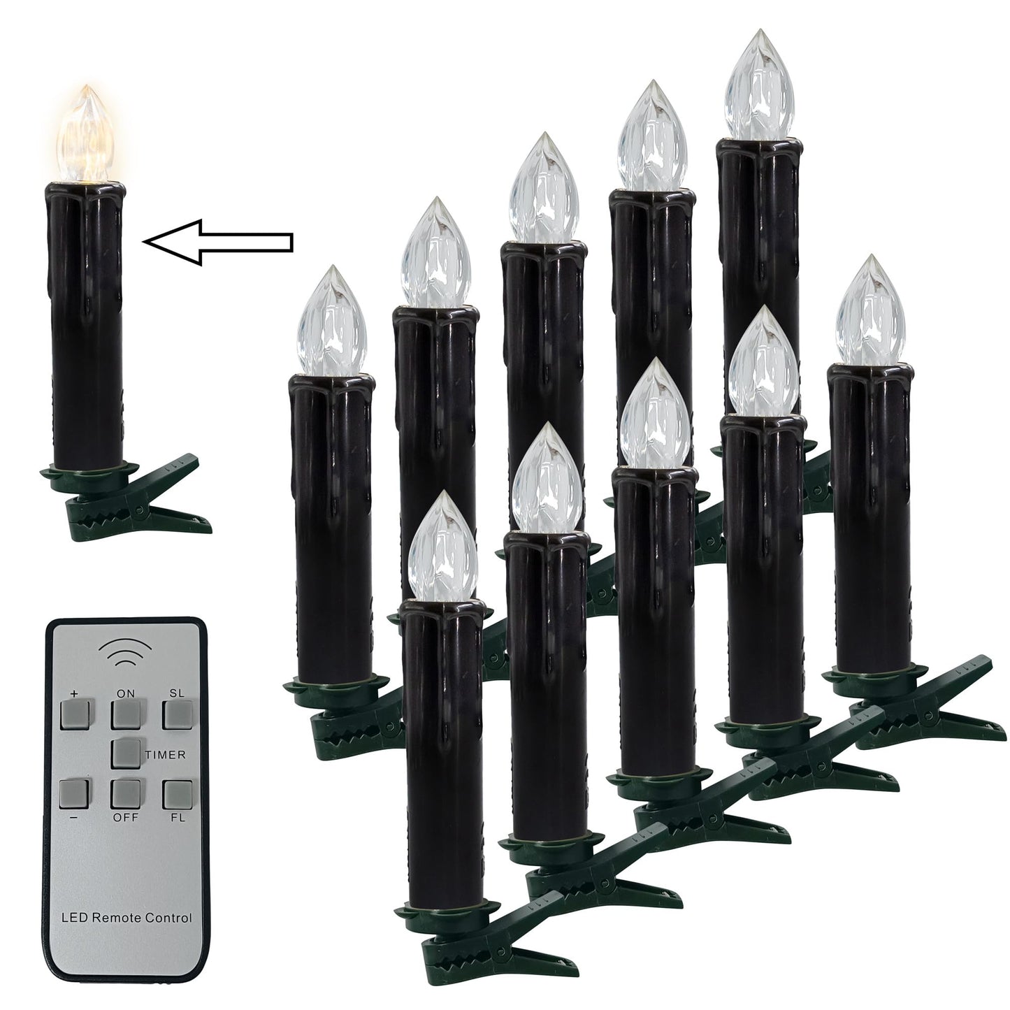 Flameless LED Taper Candles with Clips, 4” Battery Operated Window Candles with Remote Timer Mini LED Chandelier Candlesticks for Home Decor Wedding Church Party & Tree Lighting,10 Pack,Black