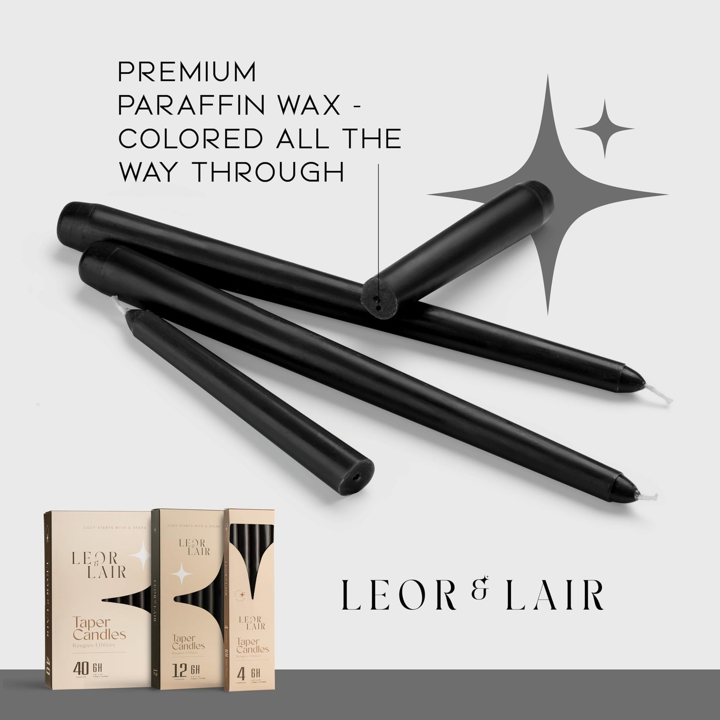 Leor & Lair Black Taper Candles - 4 Pack 10" Black Candlesticks - Unscented Long Burning Halloween Candles for Halloween Decoration, Gothic Decor, Holidays, Weddings & Restaurants