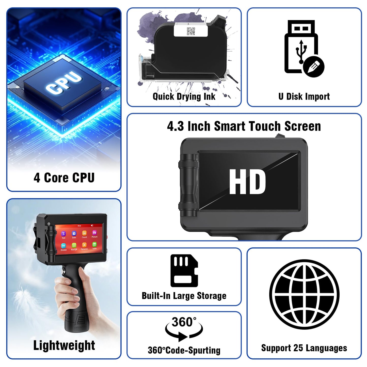 TIKTONER Handheld Inkjet Printer Printing Height 0.08-0.5Inch Handheld Printer Gun for Batch Code Date Time Lot Number Print on Many Materials, Inkjet Coder with 42ml Black Fast Dry Ink Cartridge