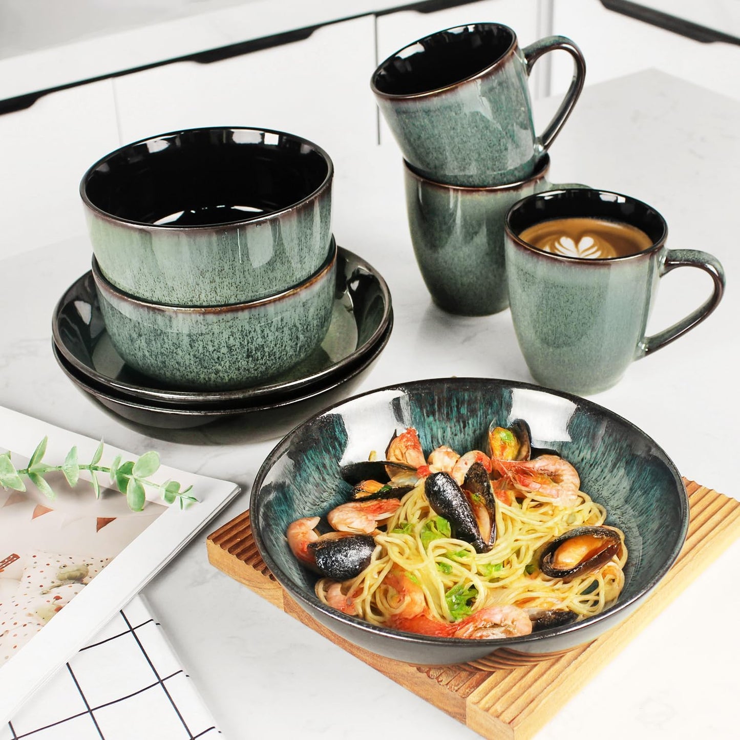 jinsongdafa Dinnerware Sets(12Pcs) Serves for 4, Reactive Glaze Plates and Bowls Set with 7.9"Small plates,8.3"Salad Plates,5.5"bowls, Modern kitchen tableware, Microwave safe, Set No.7
