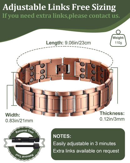 Fashtour 3X Copper Bracelet for Men, Triple Ultra Strength Magnets, Pure Copper Magnetic Bracelet and Ring Set, Adjustable Length with Sizing Tool(Copper)