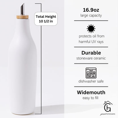 Grace Homewares Olive Oil Dispenser Bottle Stoneware Ceramic for EVOO or Vinegar | Modern Design | Large Capacity 16.9 ounce | Oil Container | White