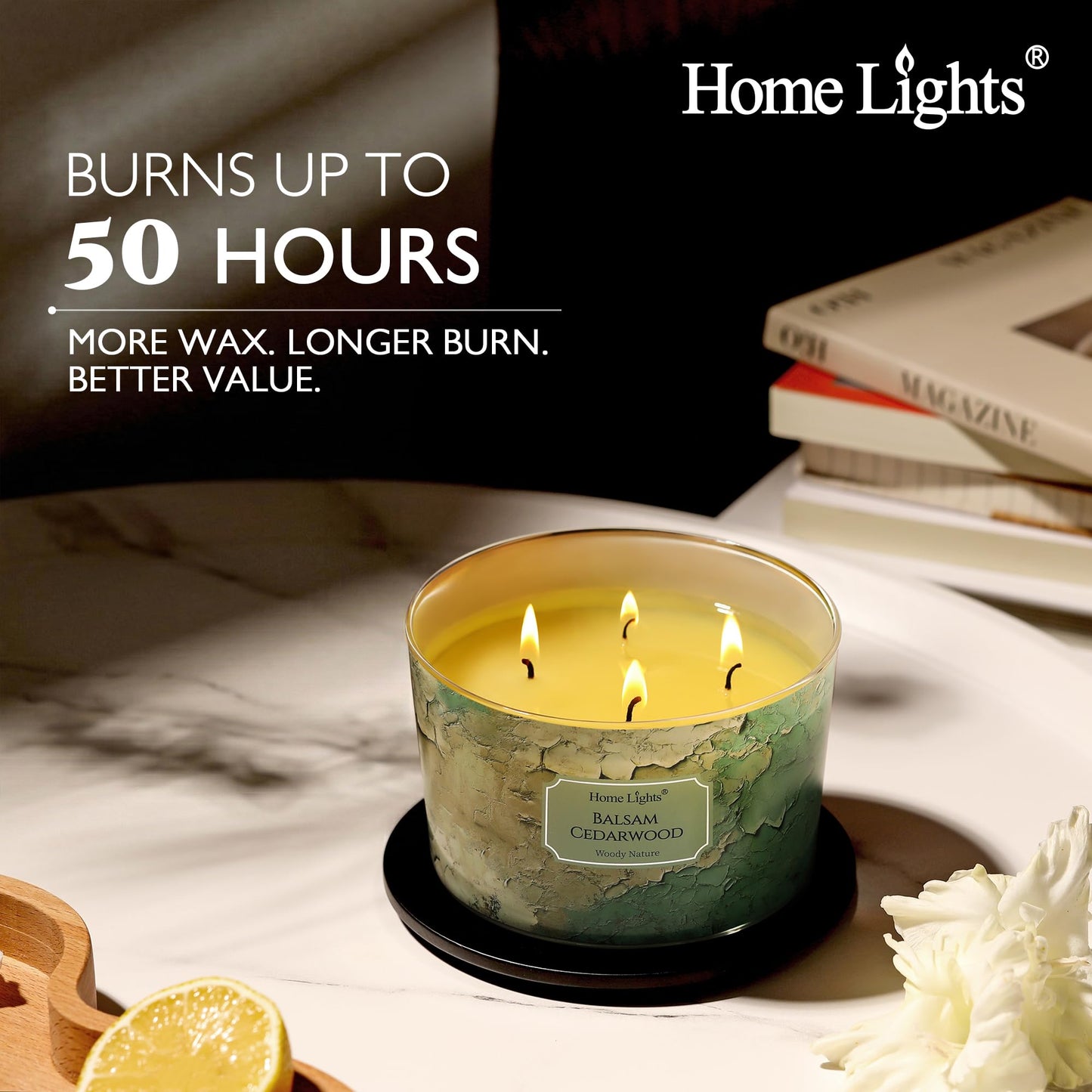 HomeLights Balsam Cedarwood Scented Candles | 18oz Soy Candles Industrial Chic 4-Wick Large Candle Jars | Ideal Candle Gifts for Events, Home Decor Stress, Relief & Relaxation