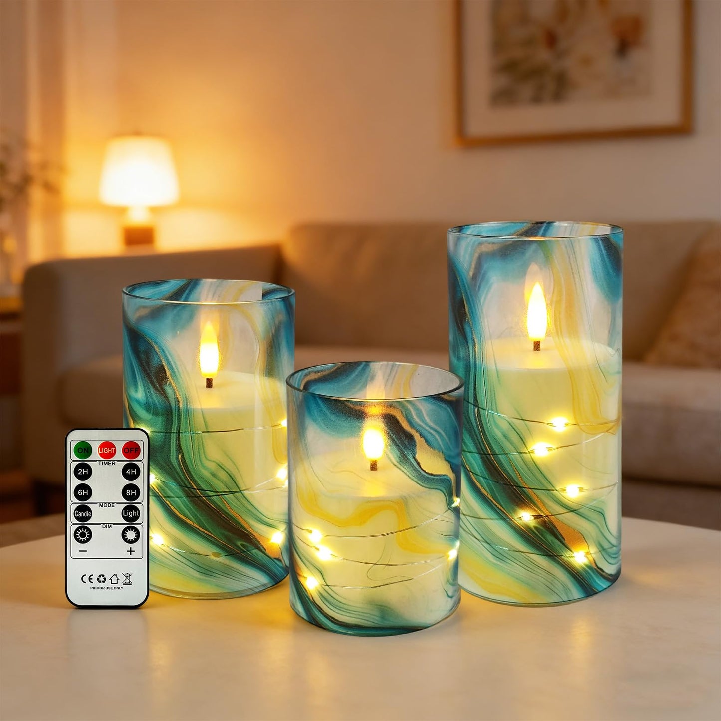 NjaoHoo Flickering Flameless Candles, Recessed String Light LED Candles 3D Wick Acrylic Battery Operated LED Pillar Candles with Remote and Timer for Modern Simple Home Decor Set of 3(Marble Printed)