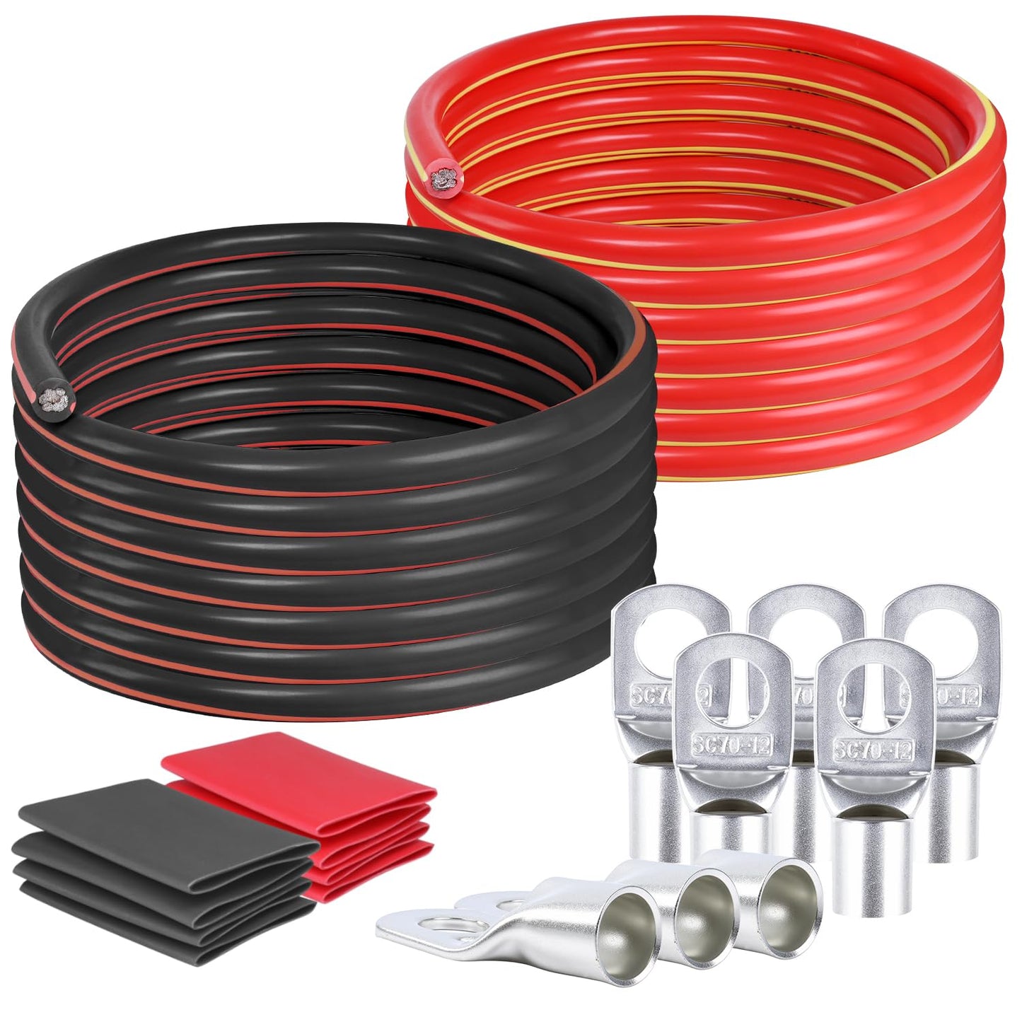 HBU 1/0 Gauge Car Battery Cables - 12 Feet Black & 12 Feet Red - 0 AWG Automotive, Truck, Solar, Motorcycle Inverter Cable with 4pcs M10 & 4pcs M12 SC Cable Lugs