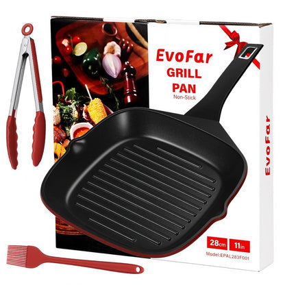 EvoFar 11 Inch Nonstick Grill Pan, Square Large Grilling Skillet Steak Pan for Stove Tops, Granite Coating Grill Skillet with Pour Spouts, PTFE & PFOA Free, Durable Grilling Pan for Indoor & Outdoor