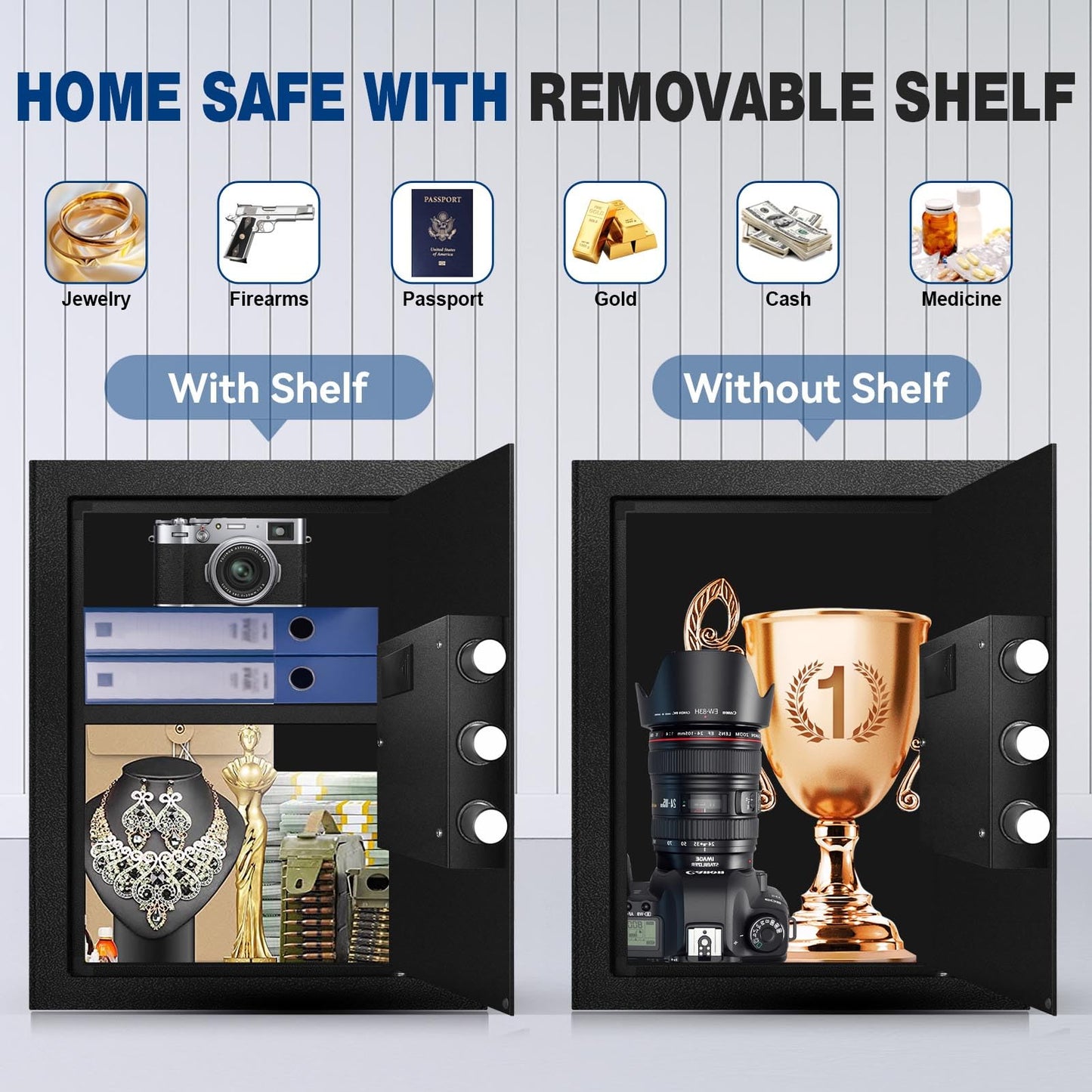 Fdsutvit 2.3 Cu Ft Fireproof Home Safe Box- Steel Security Box with Digital Electronic Keypad, Safety Lock Box for Office, Removable Shelf, Fire Proof Safe for Documents Money Jewelry Gun