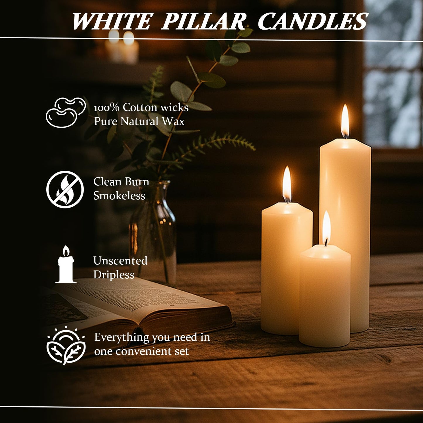 Veiuwa 36 Pack White Pillar Candles Bulk Set, 2x3 2x4 2x6 Inch - 12 Each Size, Dripless Smokeless Clean Burning for Wedding Centerpieces, Home Decor, Church, Romantic Ambiance！